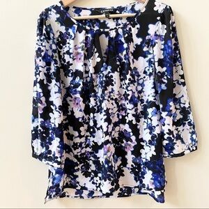 Express Blouse Floral Black White Blue Lavender Small